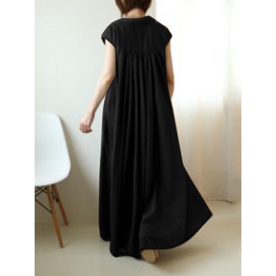 Solid Button Lapel Ruched Short Sleeve Maxi Shirt Dress Solid Button Lapel Ruched Short Sleeve Maxi Shirt Dress