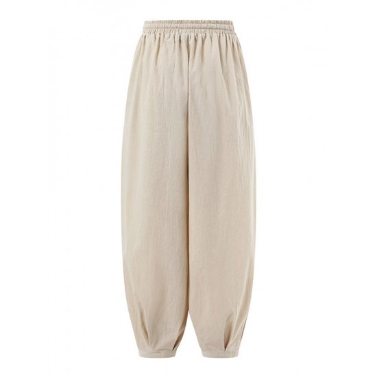 Solid Elastic Waist Drawstring Pocket Cotton Casual Pants Solid Elastic Waist Drawstring Pocket Cotton Casual Pants