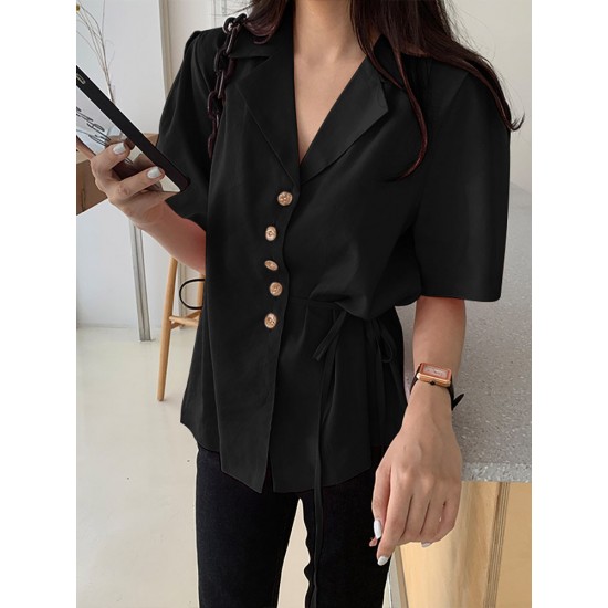 Solid Button Tie Up Lapel Short Sleeve Casual Cotton Blouse Solid Button Tie Up Lapel Short Sleeve Casual Cotton Blouse
